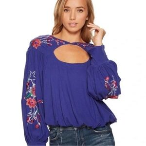 NWT Free People Blue Lita Embroidered Top, Front and Back Cutout